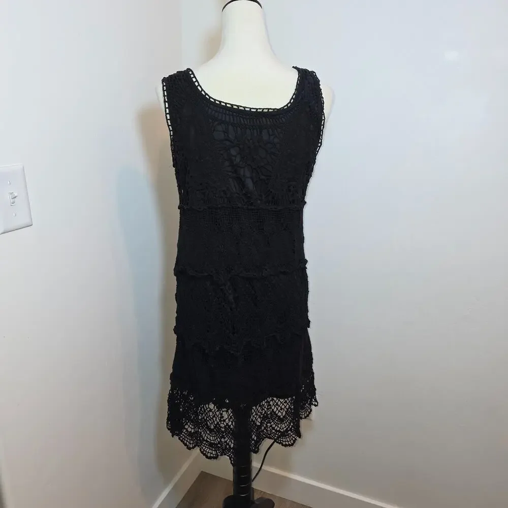 Women's Black Cotton Crochet Dress Sleeveless Lined Size L Handkerchief Boho - Picture 4 of 7